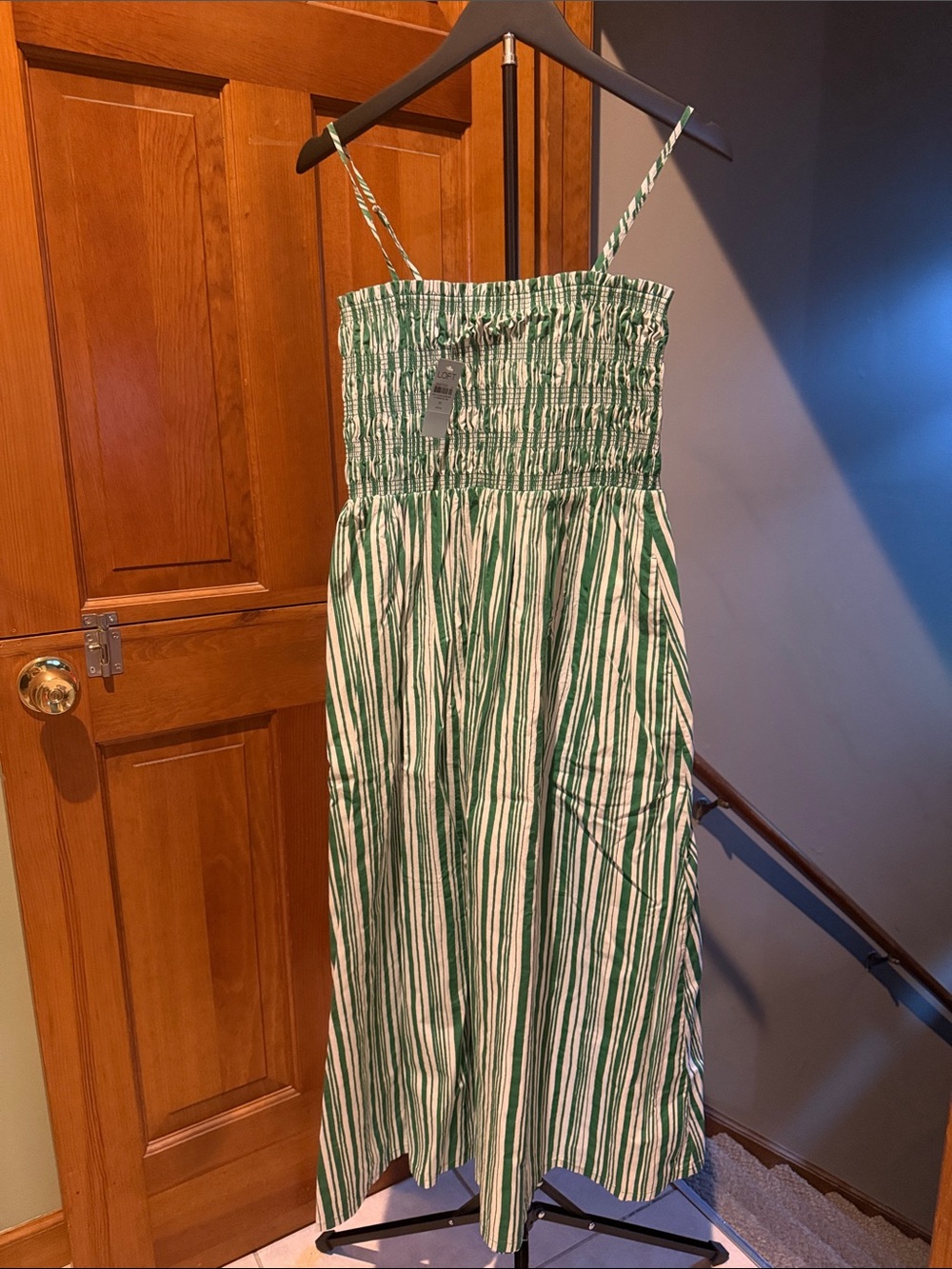 LOFT Green and White Striped Maxi Sundress with Smocked Bodice